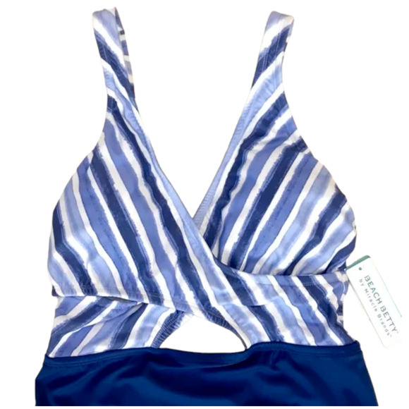 Beach Betty by Miracle Brands Blue White Striped Crossover Keyhole Swimsuit Sz L - Picture 2 of 3